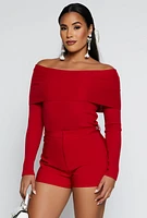 Womens Ribbed Off The Shoulder Long Sleeve Sweater, Red, Size L