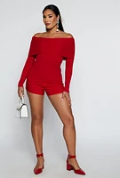 Womens Ribbed Off The Shoulder Long Sleeve Sweater, Red, Size L