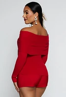Womens Ribbed Off The Shoulder Long Sleeve Sweater, Red, Size L