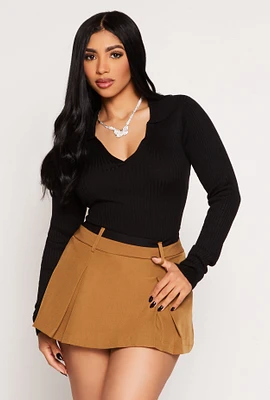 Womens Ribbed Knit Johnny Collar Sweater, Black, Size L