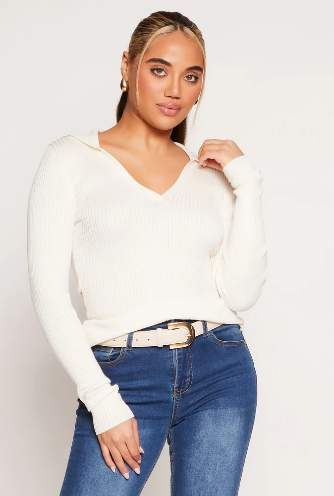 Womens Ribbed Knit Johnny Collar Sweater, White, Size L