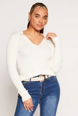 Womens Ribbed Knit Johnny Collar Sweater, White, Size L
