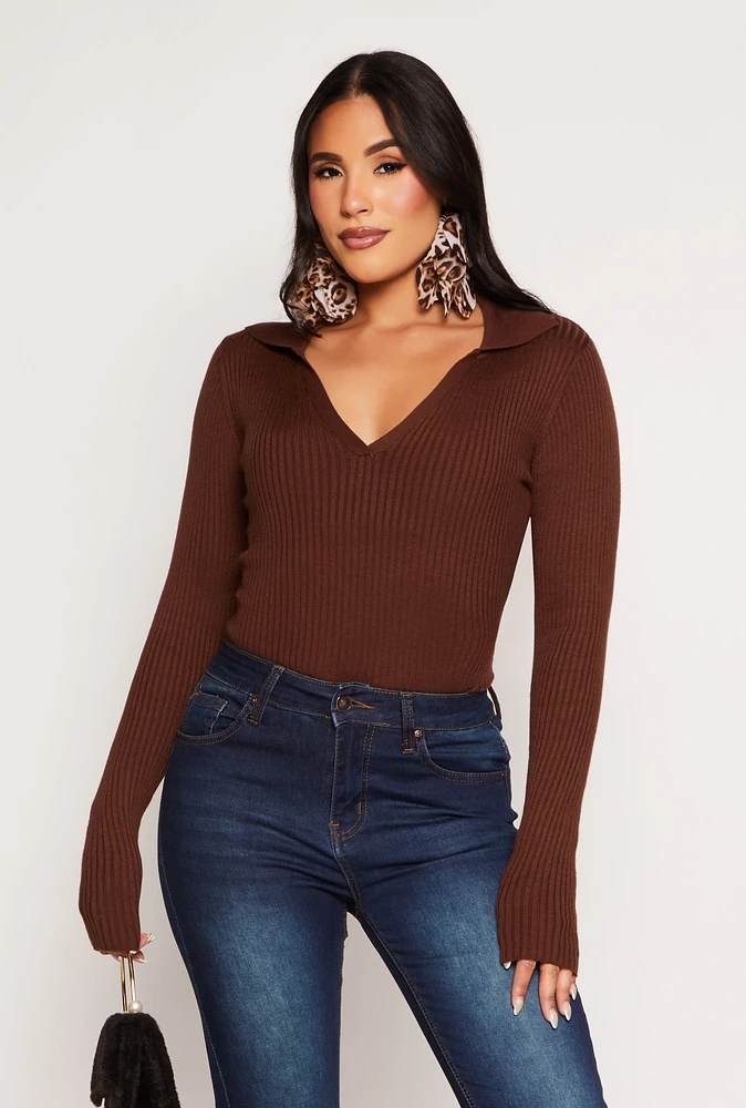 Womens Ribbed Knit Johnny Collar Sweater, Brown, Size S