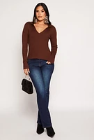Womens Ribbed Knit Johnny Collar Sweater, Brown, Size S
