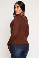 Womens Ribbed Knit Johnny Collar Sweater, Brown, Size S