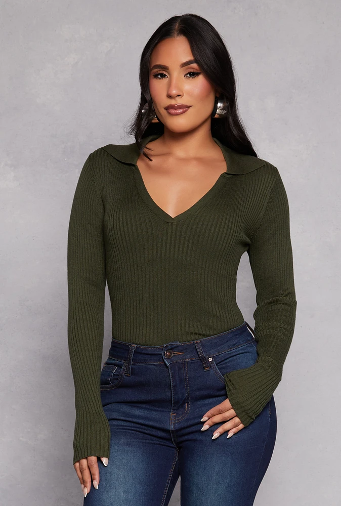 Womens Ribbed Knit Johnny Collar Sweater, Green, Size L