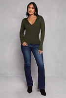 Womens Ribbed Knit Johnny Collar Sweater, Green, Size L