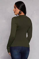 Womens Ribbed Knit Johnny Collar Sweater, Green, Size L