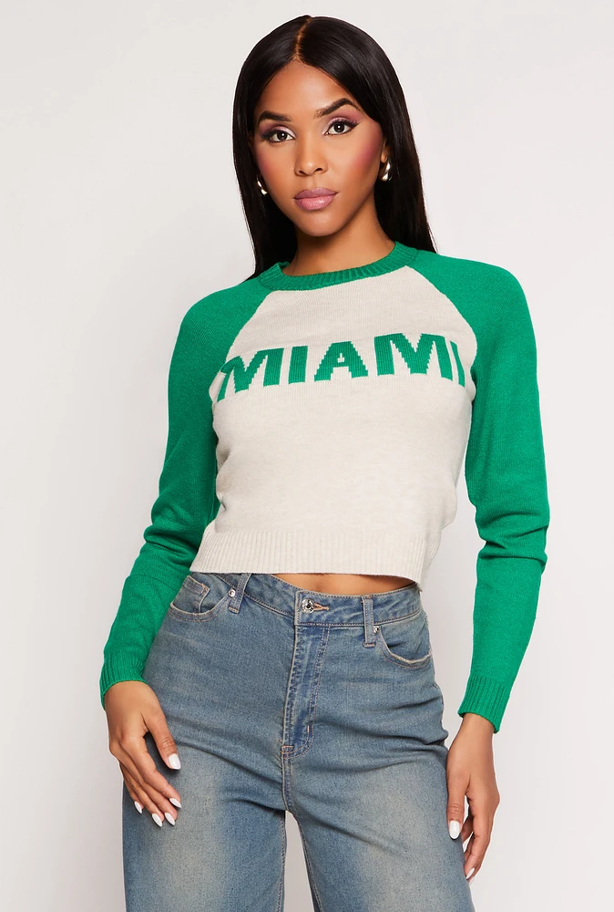 Womens Miami Graphic Crew Neck Crop Top, Green, Size M