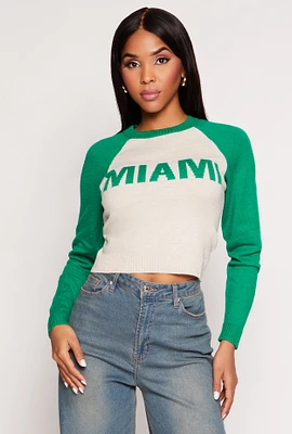 Womens Miami Graphic Crew Neck Crop Top, Green, Size M