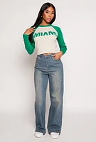 Womens Miami Graphic Crew Neck Crop Top, Green, Size M