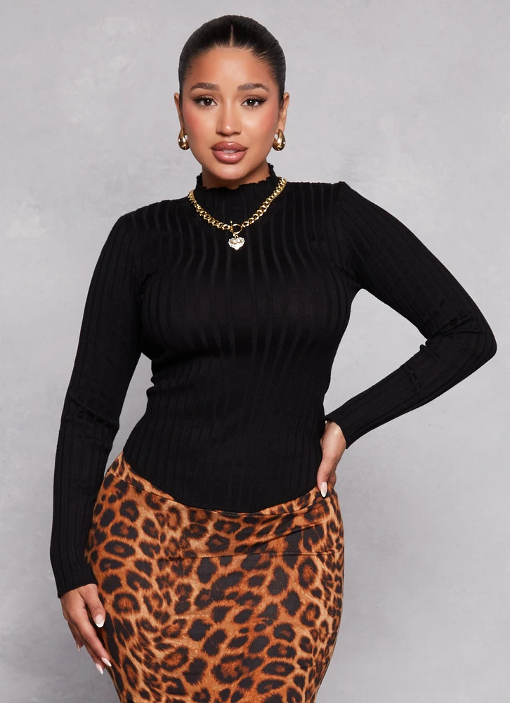 Womens Ribbed Knit Mock Neck Top, Black,