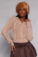Womens Cable Knit Johnny Collar Sweater, Beige, Size L
