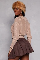 Womens Cable Knit Johnny Collar Sweater, Beige, Size L