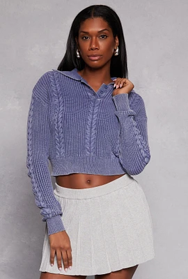Womens Cable Knit Johnny Collar Sweater, Blue, Size S