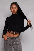 Womens Ribbed Distressed Hem Mock Neck Sweater, Black, Size M