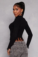 Womens Ribbed Distressed Hem Mock Neck Sweater, Black, Size M