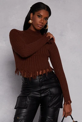 Womens Ribbed Distressed Hem Mock Neck Sweater, Brown, Size S