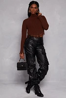 Womens Ribbed Distressed Hem Mock Neck Sweater, Brown, Size L