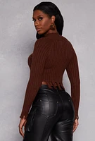 Womens Ribbed Distressed Hem Mock Neck Sweater, Brown, Size S