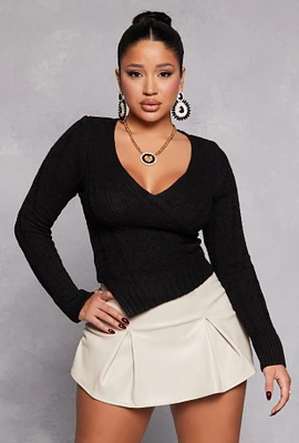 Womens Cable Knit Asymmetrical Faux Wrap Sweater, Black, Size M