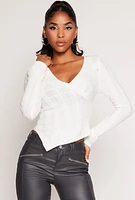 Womens Cable Knit Asymmetrical Faux Wrap Sweater, White, Size M