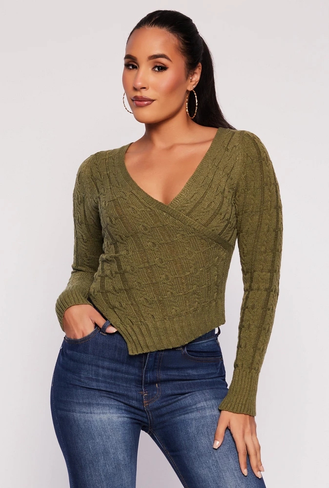 Womens Cable Knit Asymmetrical Faux Wrap Sweater, Green, Size S