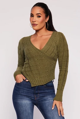 Womens Cable Knit Asymmetrical Faux Wrap Sweater, Green, Size L