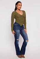 Womens Cable Knit Asymmetrical Faux Wrap Sweater, Green, Size S