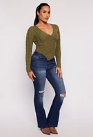 Womens Cable Knit Asymmetrical Faux Wrap Sweater, Green, Size L