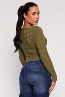 Womens Cable Knit Asymmetrical Faux Wrap Sweater, Green, Size L
