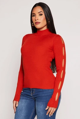 Womens Cut Out Sleeve Mock Neck Sweater, Orange, Size M