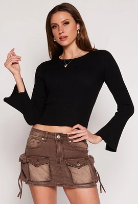 Womens Ribbed Knit Bell Sleeve Sweater,