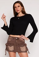 Womens Ribbed Knit Bell Sleeve Sweater, Black, Size S
