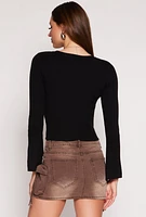 Womens Ribbed Knit Bell Sleeve Sweater, Black, Size S
