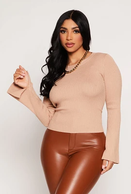 Womens Ribbed Knit Bell Sleeve Sweater, Beige, Size L