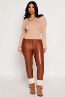 Womens Ribbed Knit Bell Sleeve Sweater, Beige, Size M