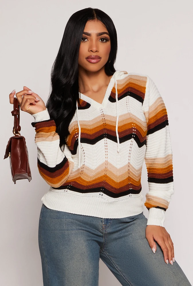Womens Chevron Drawstring Hooded Sweater, Multi, Size M