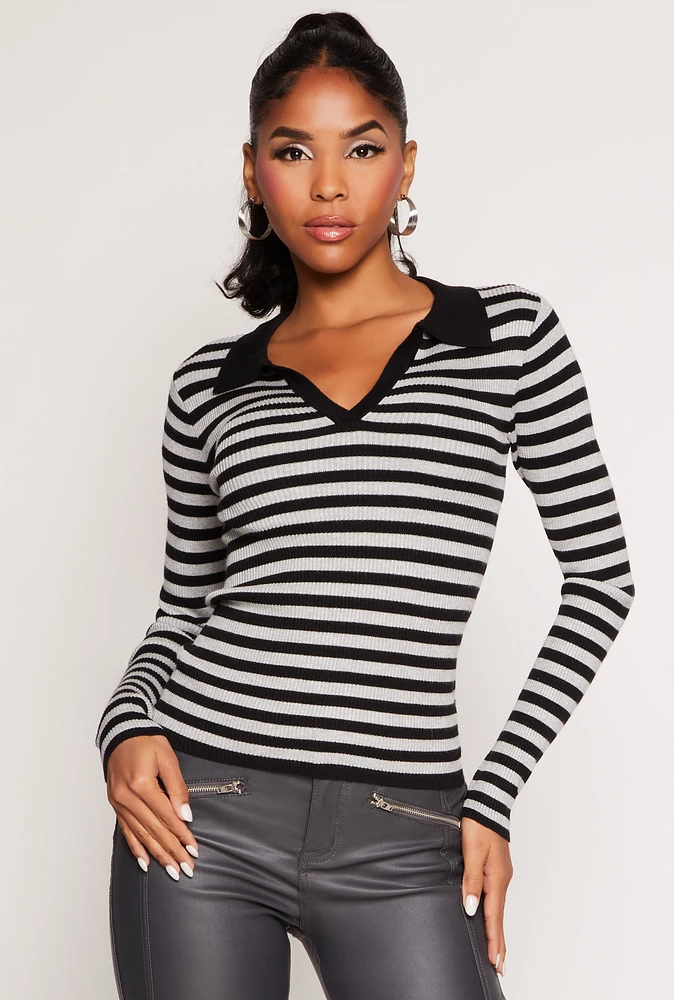 Womens Johnny Collar Striped Sweater, Multi, Size S