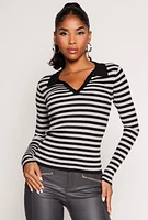 Womens Johnny Collar Striped Sweater, Multi, Size S