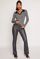 Womens Johnny Collar Striped Sweater, Multi,