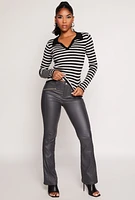 Womens Johnny Collar Striped Sweater, Multi, Size S