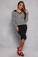 Womens Johnny Collar Striped Sweater, Multi, Size L