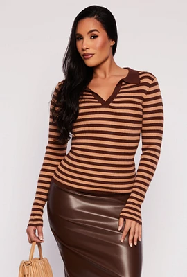 Womens Johnny Collar Striped Sweater, M
