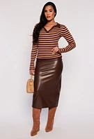 Womens Johnny Collar Striped Sweater, M