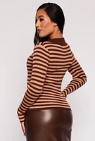 Womens Johnny Collar Striped Sweater,