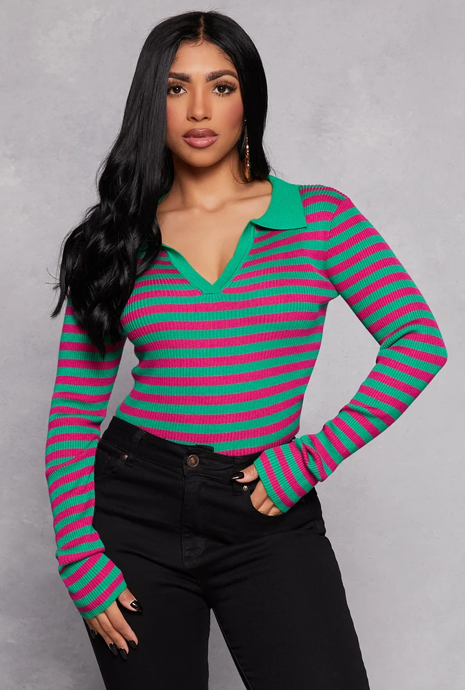 Womens Johnny Collar Striped Sweater, Multi,