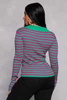 Womens Johnny Collar Striped Sweater, Multi,