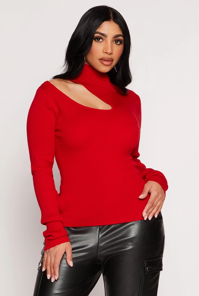 Womens Asymmetrical Cut Out Mock Neck Sweater, Red, Size M