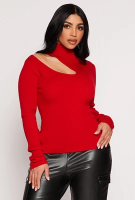 Womens Asymmetrical Cut Out Mock Neck Sweater, Red, Size M